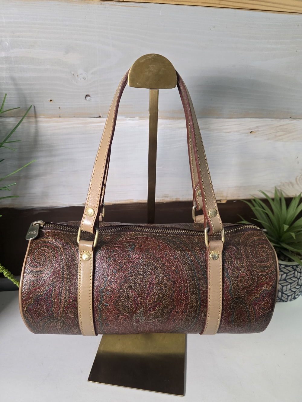 418. Etro Paisley Mini Barrel Bag in Brown and Pink